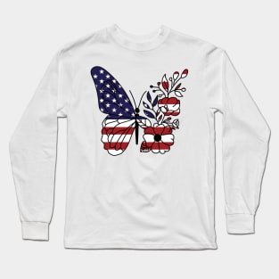 American Flag with Floral Butterfly, 4th of July Long Sleeve T-Shirt